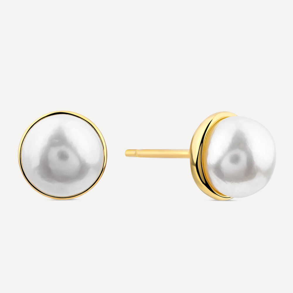 Yellow Gold Plated Sterling Silver Rim Freshwater Pearl Button Stud Earrings image number 1