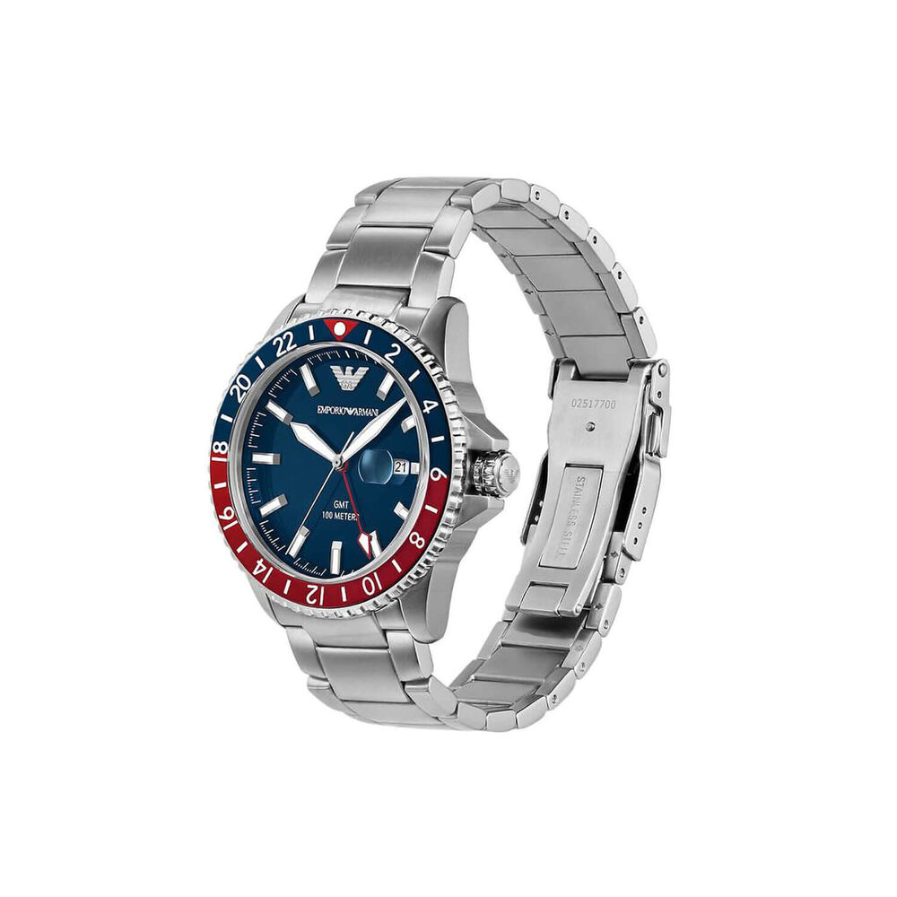Emporio Armani Diver 42mm Blue Dial Red & Blue Bezel Steel Bracelet Watch image number 1