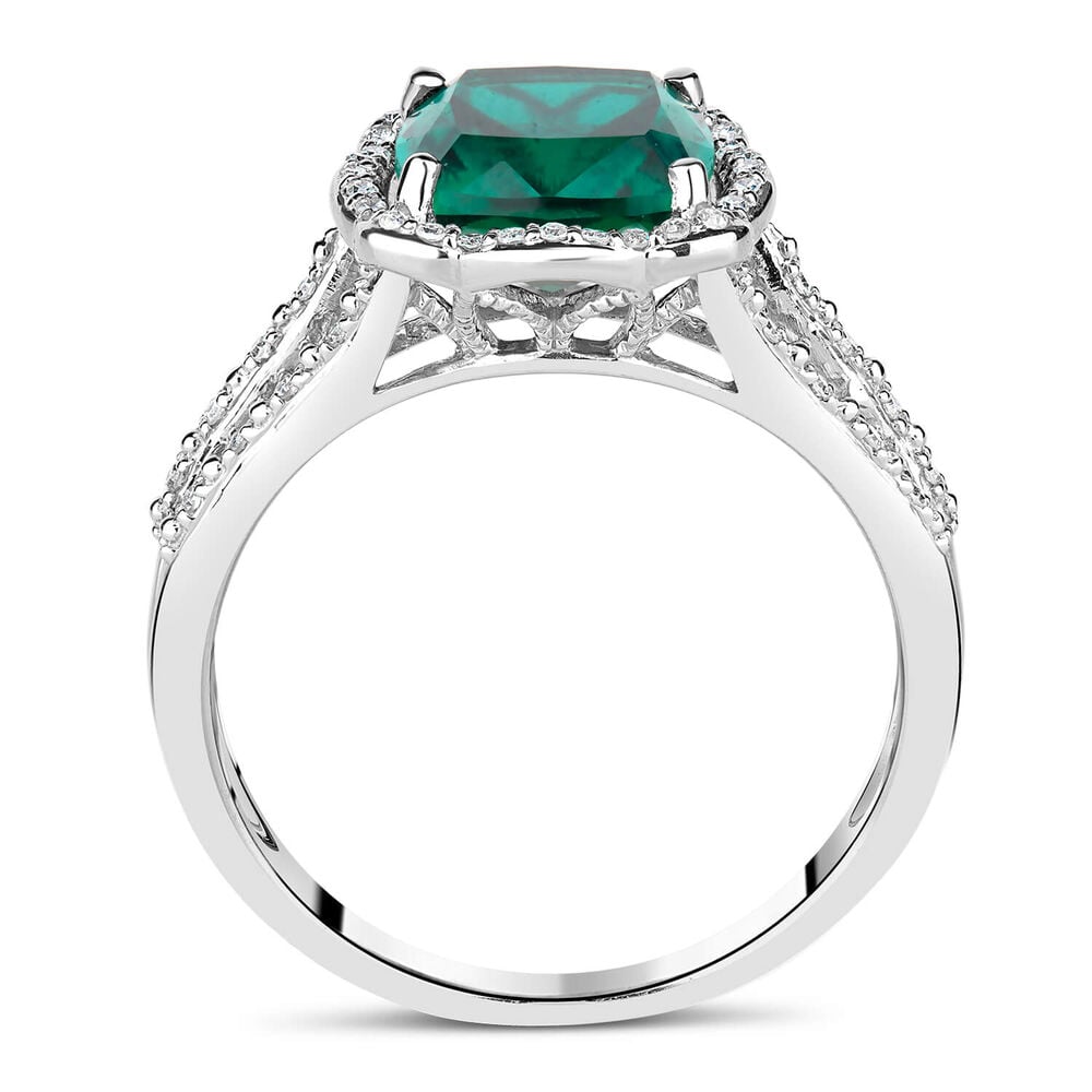9ct White Gold 0.15ct Diamond and Created Emerald Cushion Halo Ring image number 2