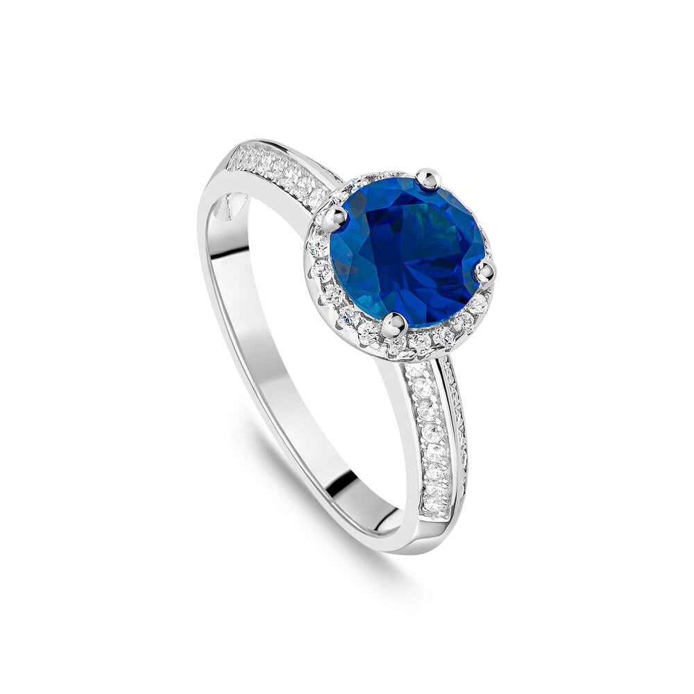 Sterling Silver Blue Centre Stone & Cubic Zirconia Shoulders Ring