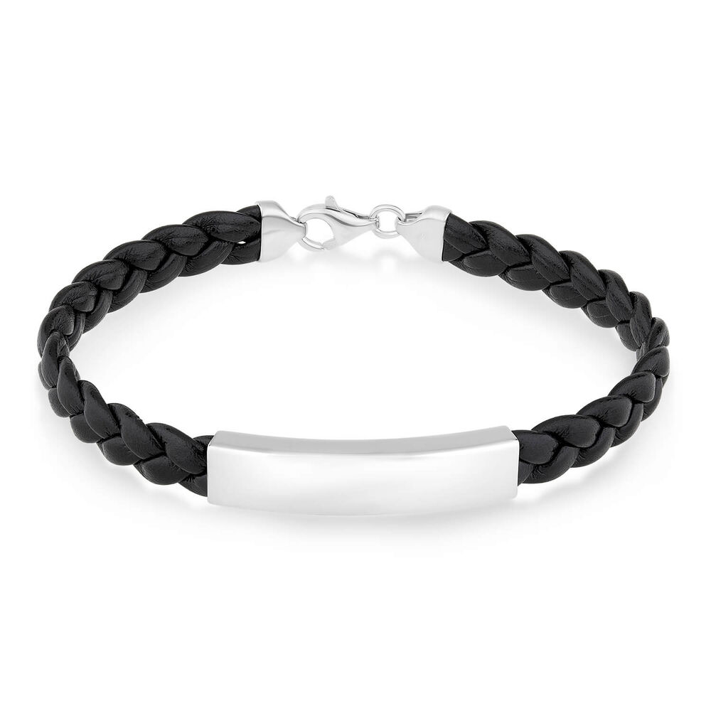 Sterling Silver Plaited Leather Mens Bracelet image number 0