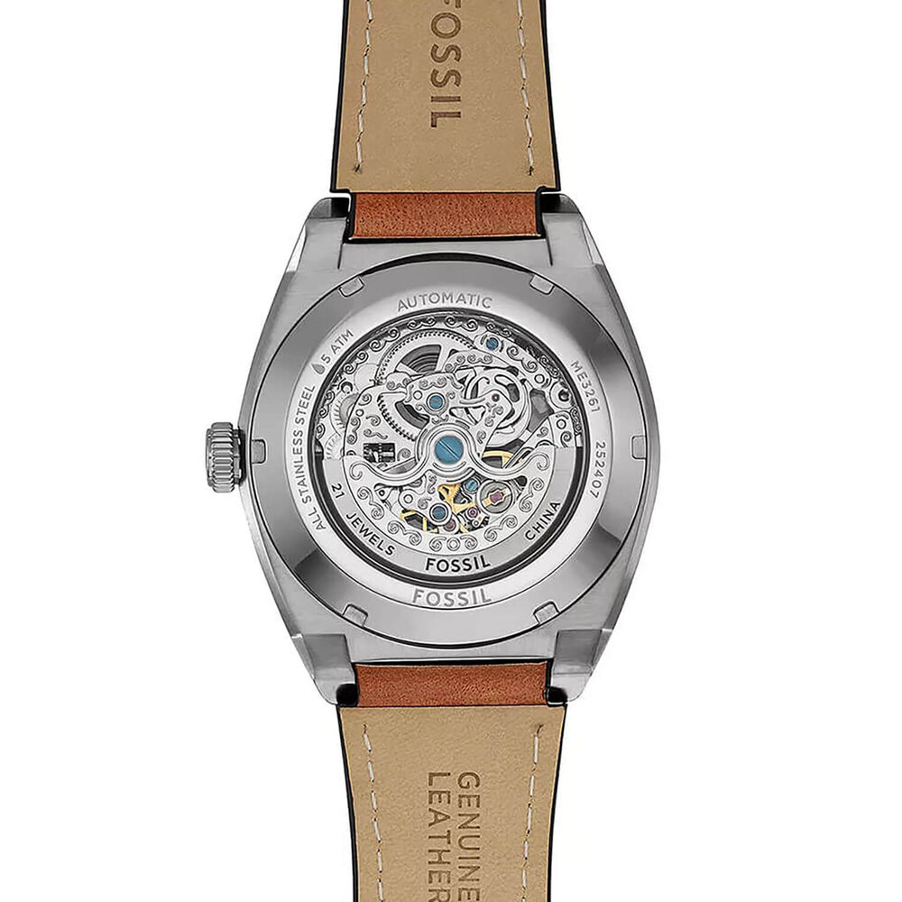 Fossil Everett 42mm Green Skeleton Dial Brown Leather Strap Watch image number 2