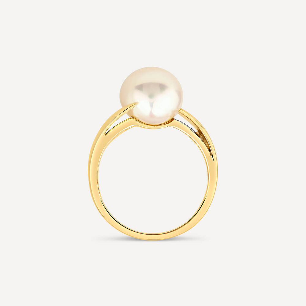 9ct Yellow Gold Freshwater Pearl 0.04ct Diamond Set Twist Shoulders Ring image number 3