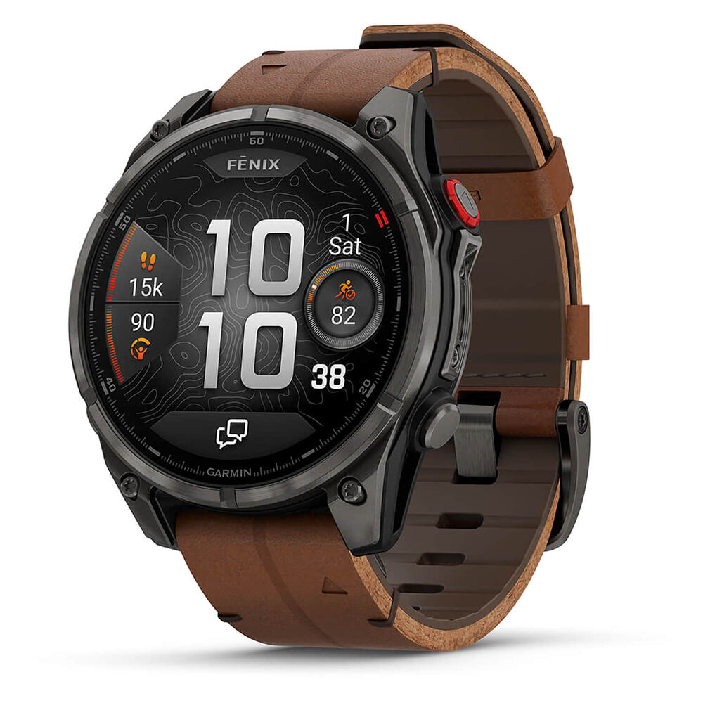 Garmin fenix 8 Pro AMOLED 47mm Carbon Grey DLC Titanium Case Brown Leather Strap Watch