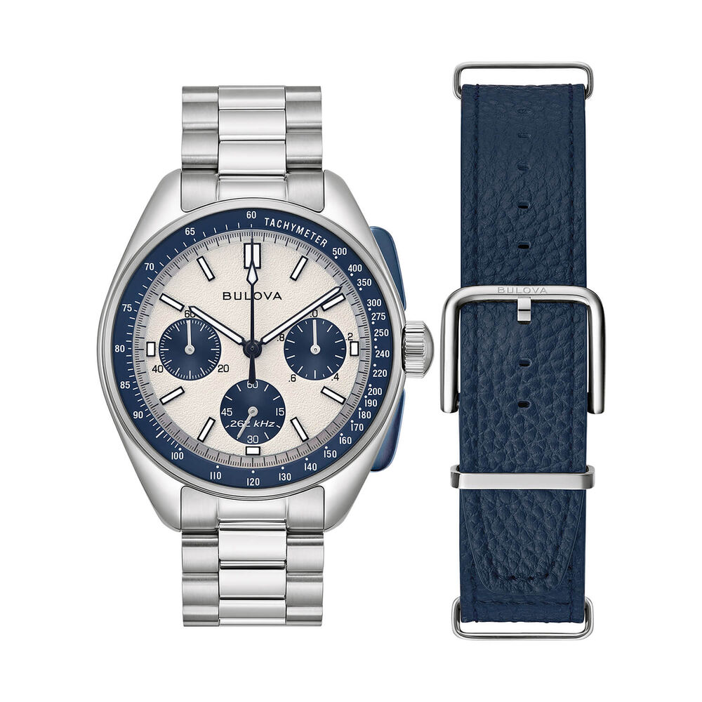 Bulova Lunar Pilot 43.5mm Blue & Silver Dial Steel Bracelet & Blue Leather Strap Set Watch image number 2