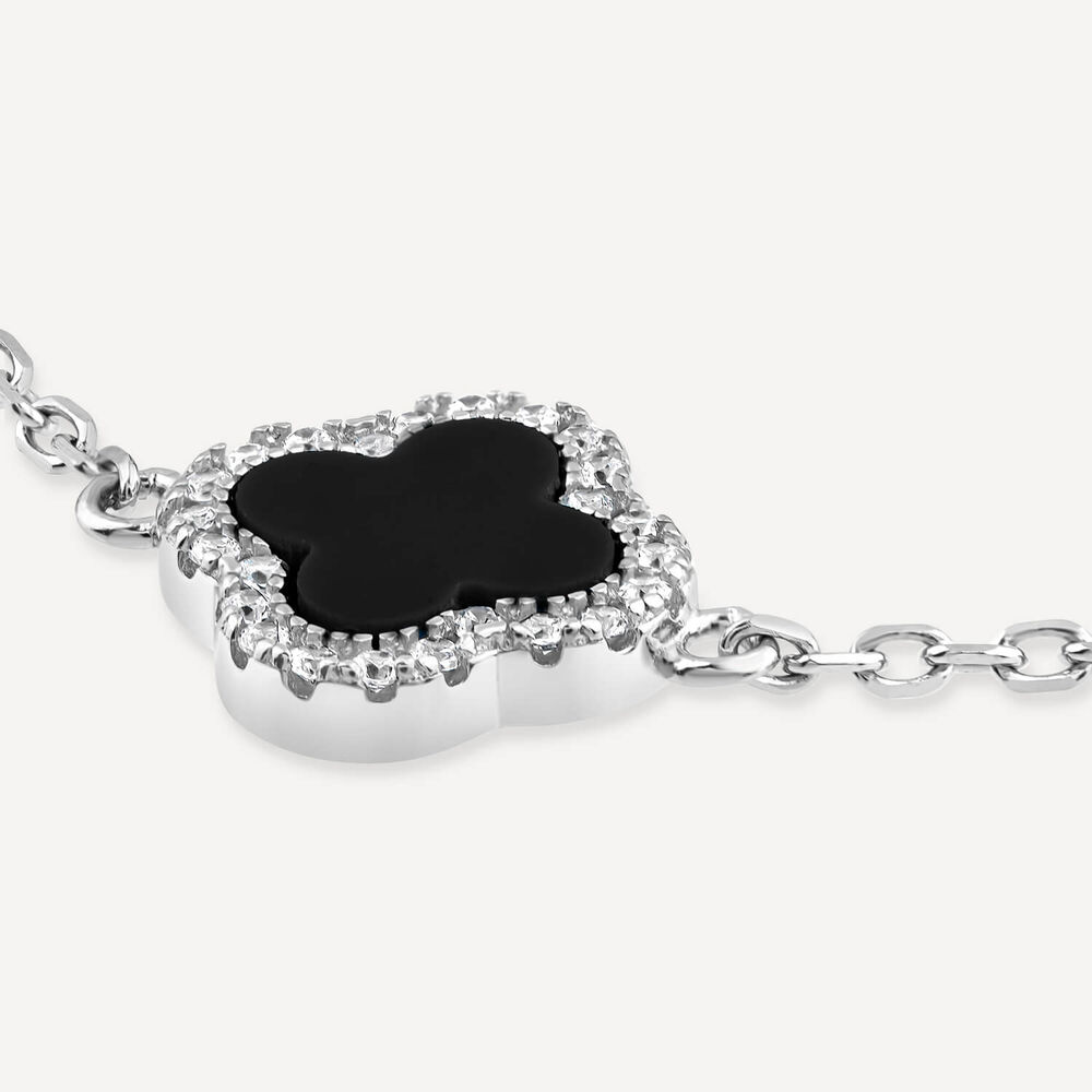 Sterling Silver Black Centre Cubic Zirconia Set Clover Petal Bracelet image number 2