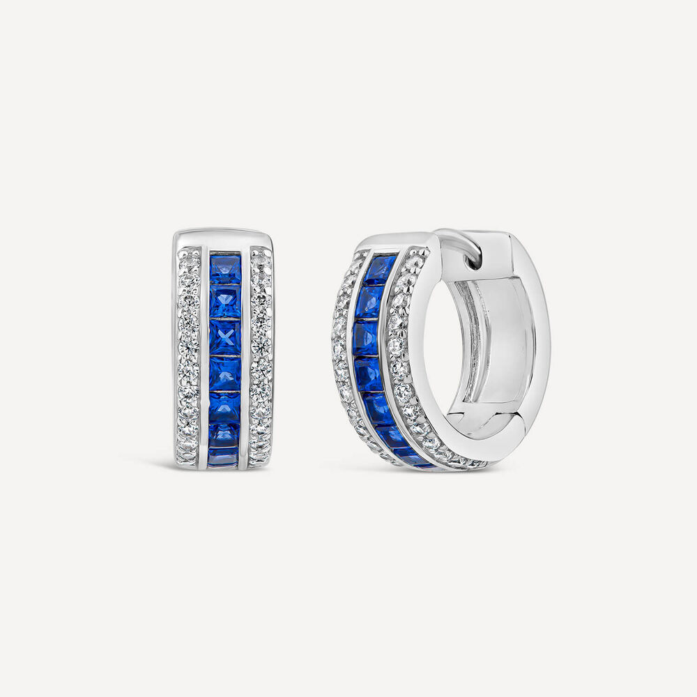 Sterling Silver Blue & White Cubic Zirconia Barrel Shaped Hoop Earrings image number 1