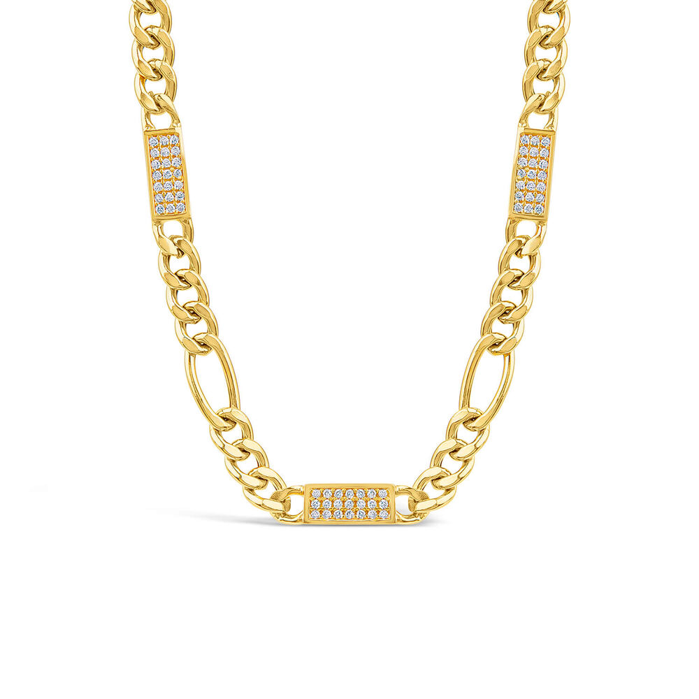 Silver & Yellow Gold Plated Figaro & Cubic Zirconia Bar Centre Necklet image number 0
