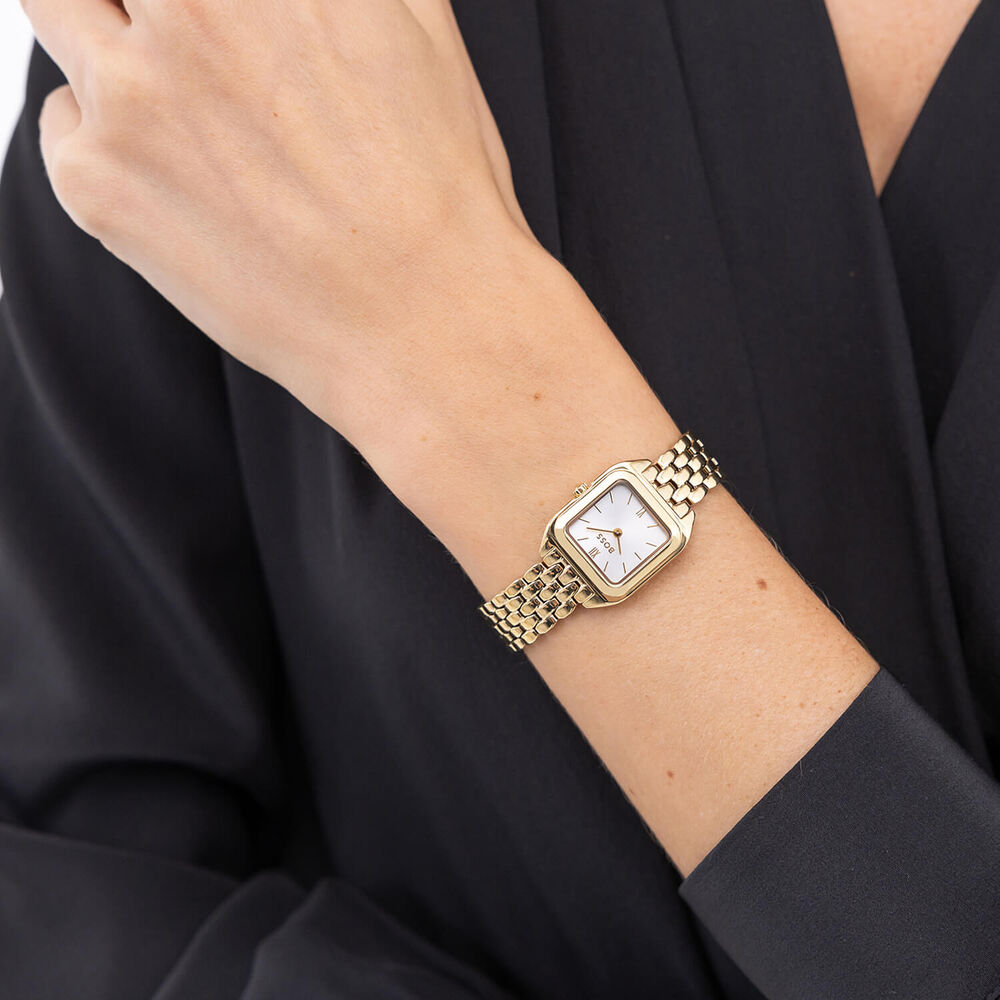 BOSS Mae Petite 22mm Square Silver Dial Gold Tone Steel Bracelet Watch image number 4