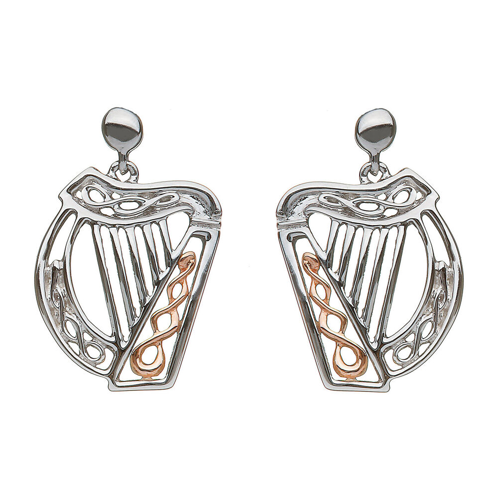 House of Lor 9ct Irish Rose Gold and Silver Celtic Knot Harp Earrings