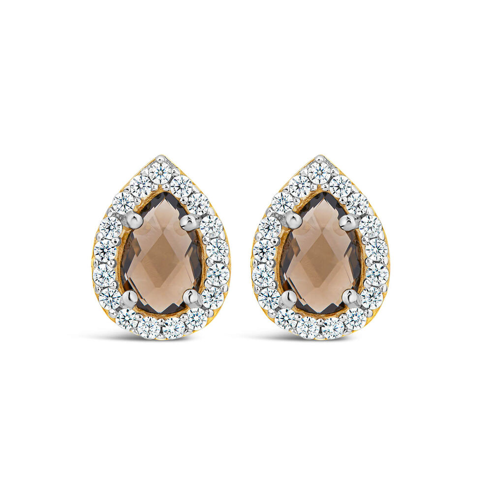 9ct Yellow Gold Pear Smokey Quartz & Cubic Zirconia Stud Earrings image number 0