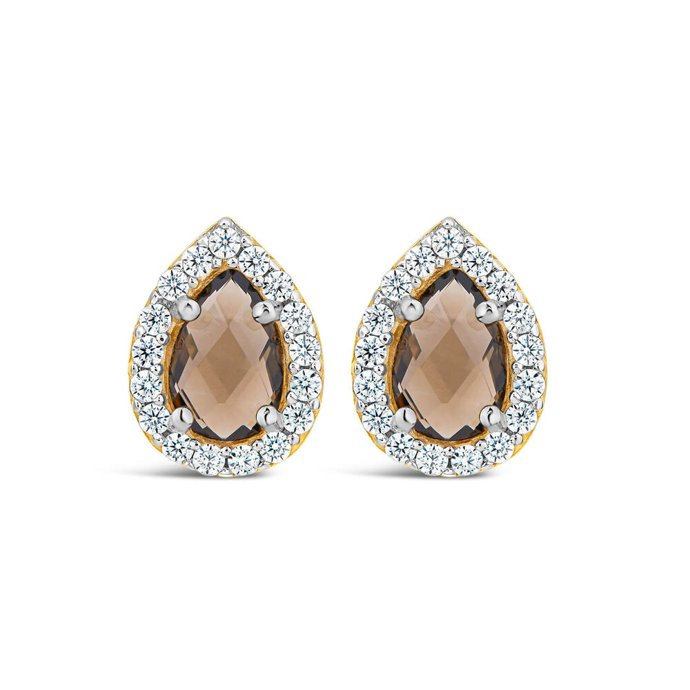 9ct Yellow Gold Pear Smokey Quartz & Cubic Zirconia Stud Earrings