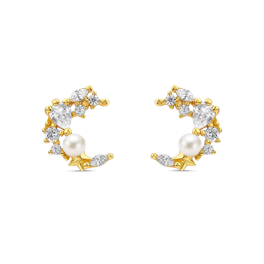 Yellow Gold Plated Sterling Silver Cubic Zirconia & Pearl Half Moon Earrings