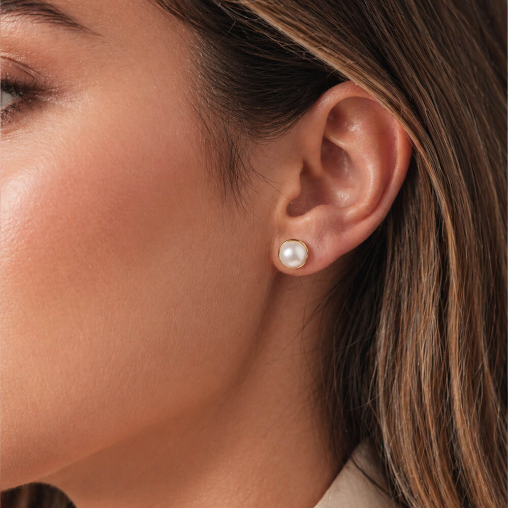 Yellow Gold Plated Sterling Silver Rim Freshwater Pearl Button Stud Earrings