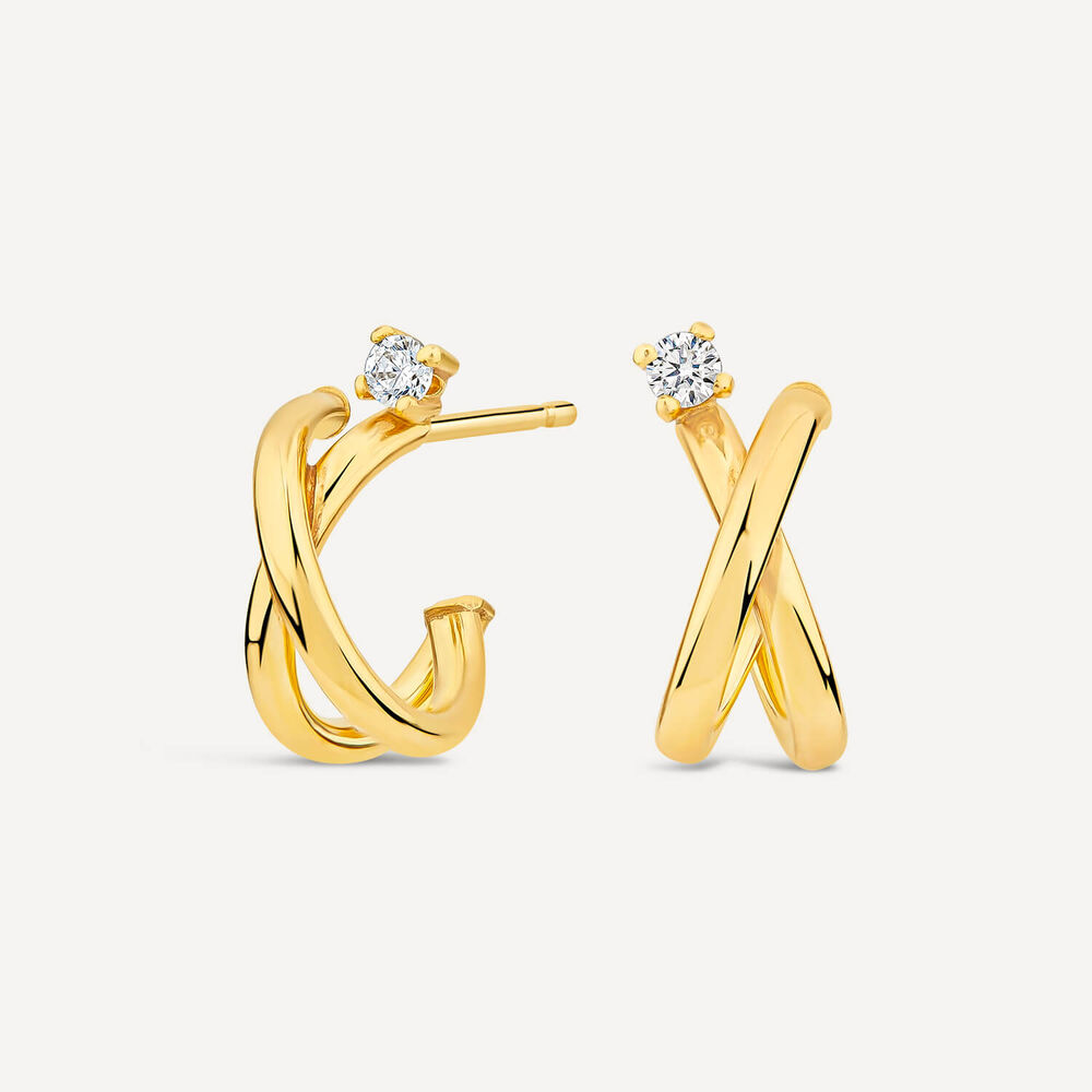 9ct Yellow Gold Cubic Zirconia Top Crossover Curve Stud Earrings image number 1