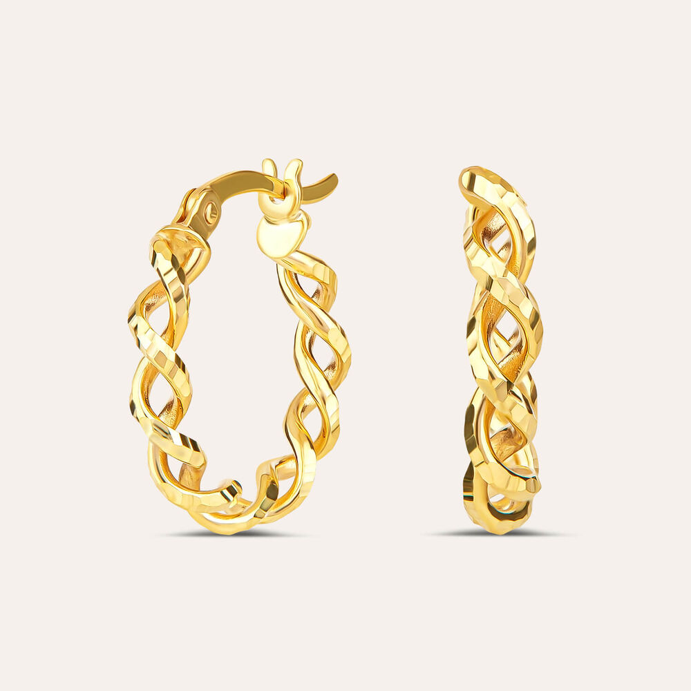 9ct Yellow Gold Diamond Cut Woven Twist Creole Hoop Earrings