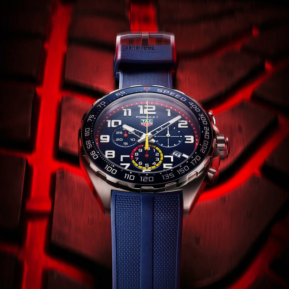 TAG Heuer Formula 1 Red Bull Quartz 43mm Chronograph Blue Dial Blue Rubber Strap Watch image number 1