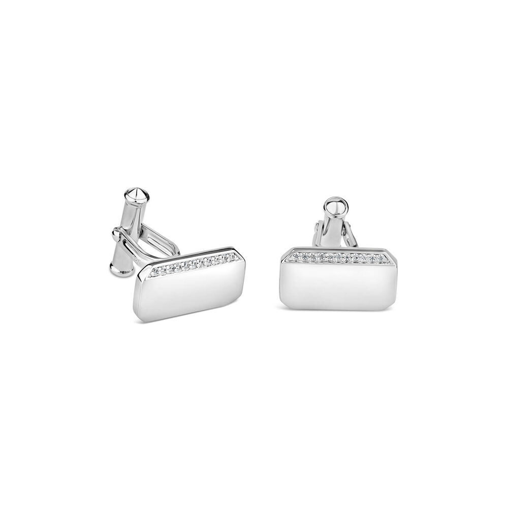 Sterling Silver Rectangular Polished Cubic Zirconia Set One Line Cufflinks