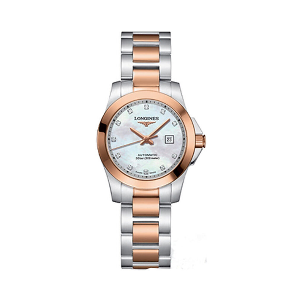 Pre-Owned Longines Conquest 35mm MOP Dial 18ct Rose Gold Plated Steel Bracelet Watch image number 0