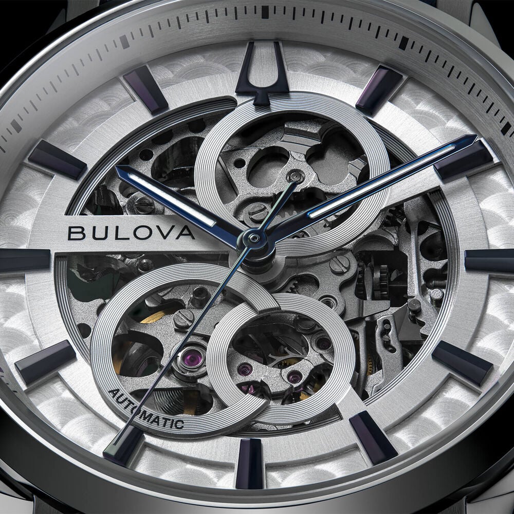 Bulova Sutton Automatic 40mm Silver Skeleton Dial Blue Leather Strap Watch image number 4