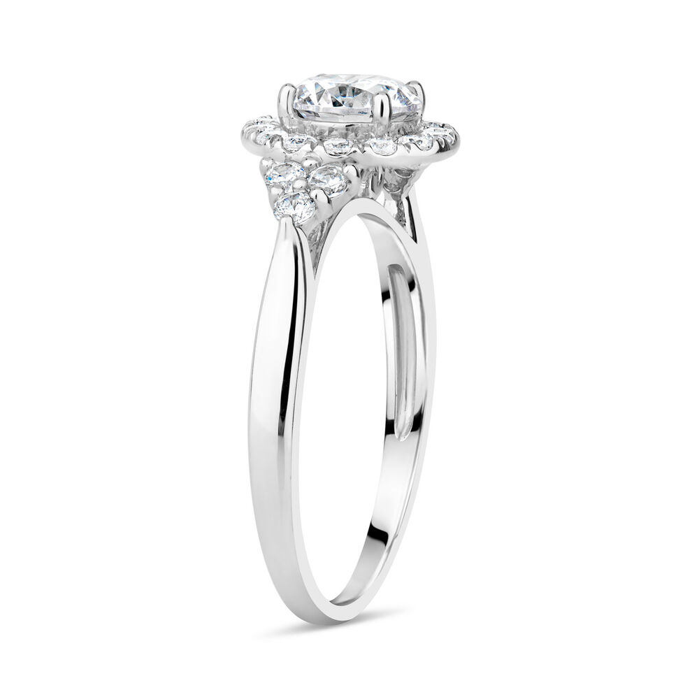 9ct White Gold Cubic Zirconia Halo Trefoil Shoulders Dress Ring image number 3