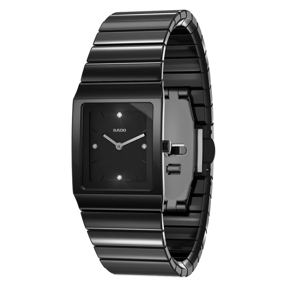 Rado Ceramica Rectangle Diamond Dot Dial Black Ceramic Case Bracelet Watch