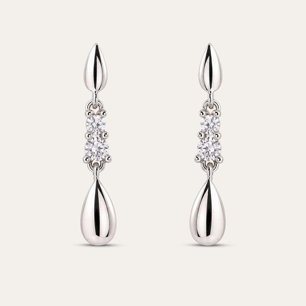 9ct White Gold Double Cubic Zirconia Polished Tears Drop Earrings