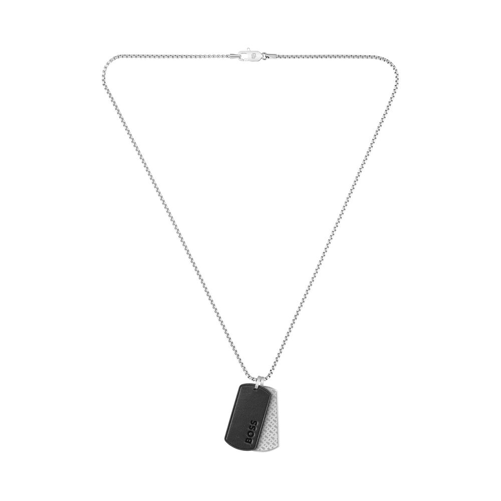 BOSS Devon Double Tag Pendant Silver Tone Stainless Steel Necklace