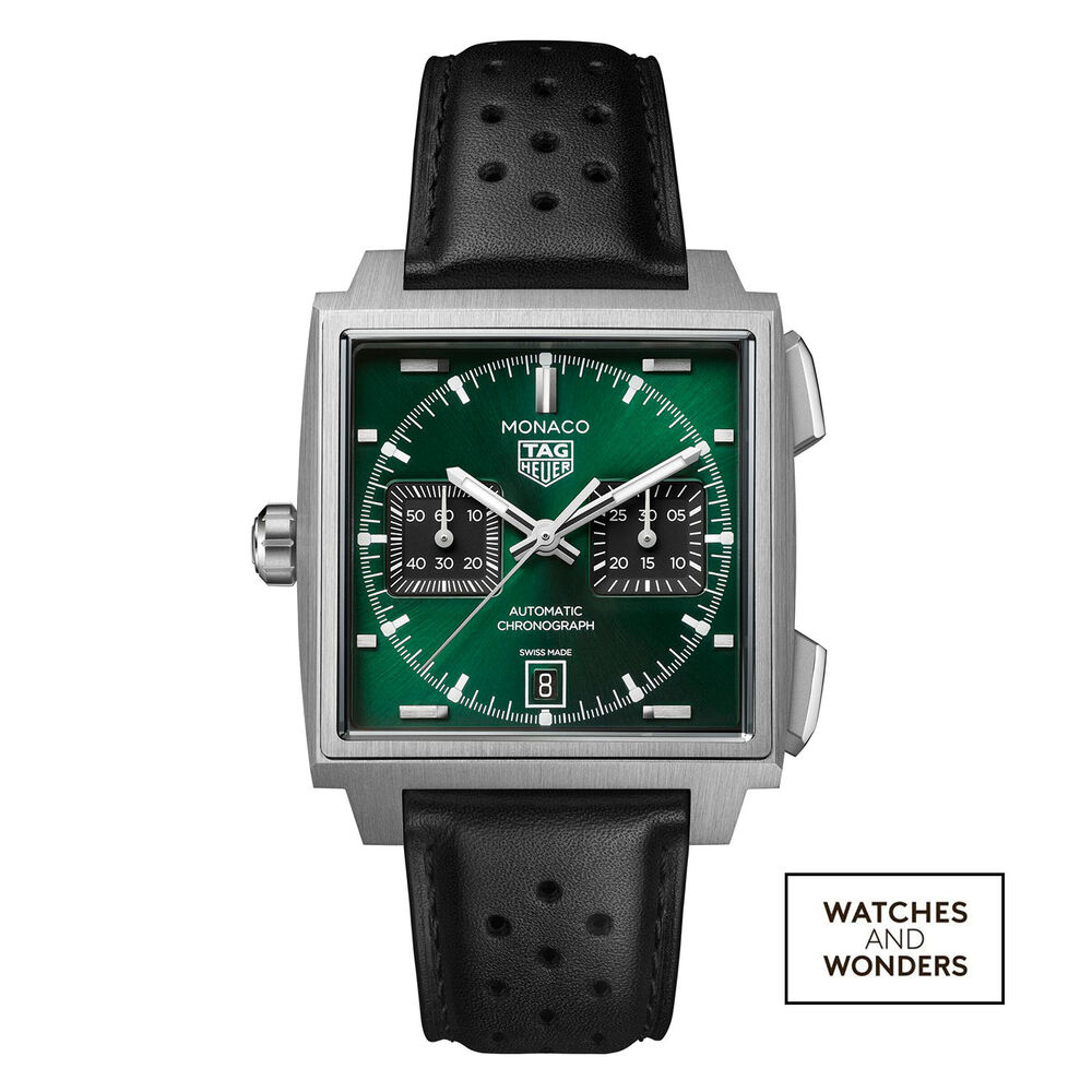 TAG Heuer Monaco Chronograph 39mm Green Dial Black Leather Strap Watch