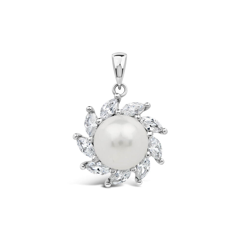 Sterling Silver Pearl With Marquis Cubic Zirconia Surrounding Pendant image number 0