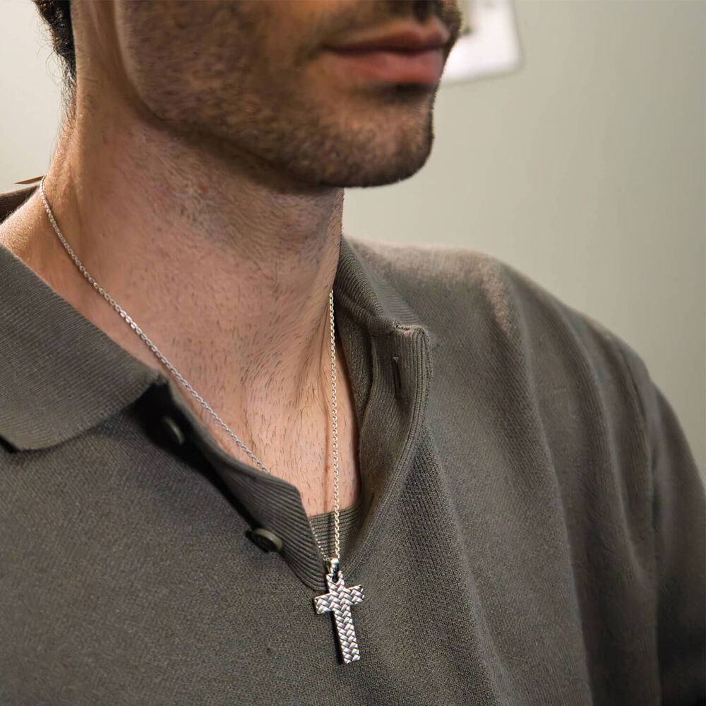 Silver Mens Herringbone Cross Pendant image number 3