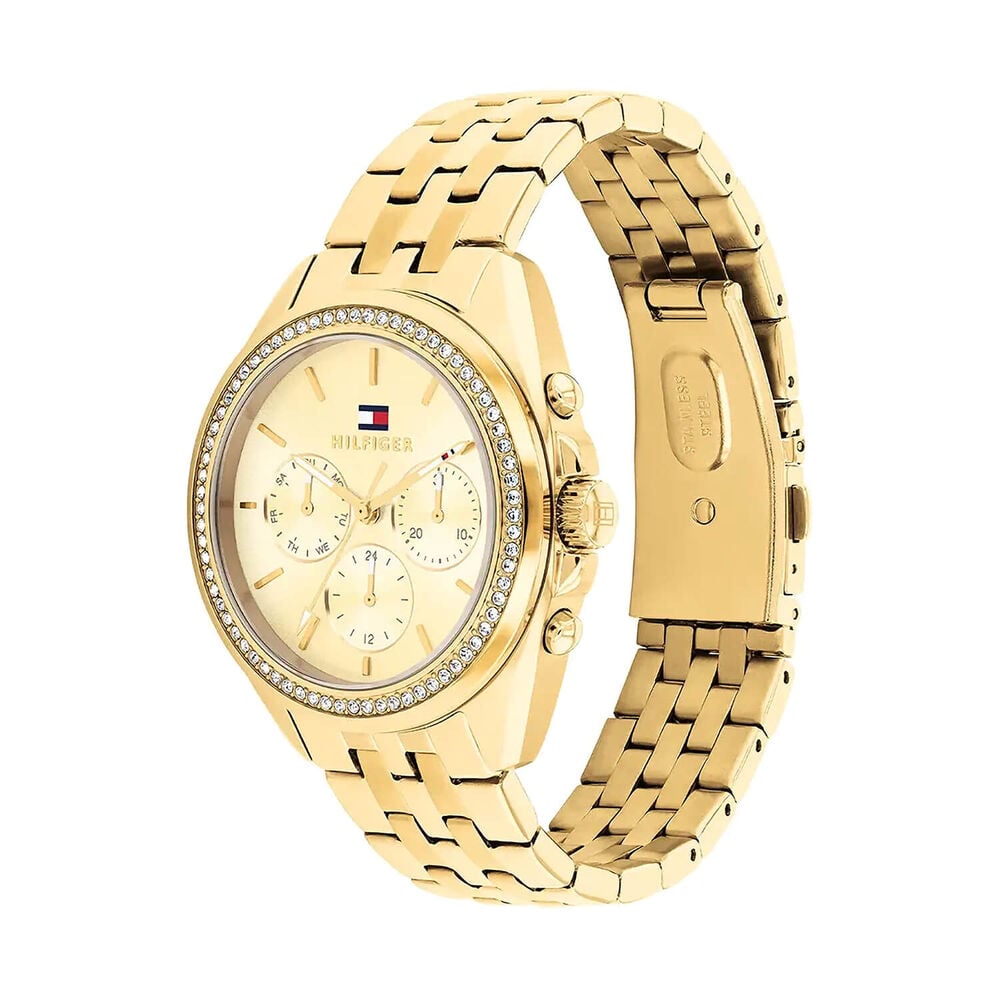 Tommy Hilfiger Mellie 36mm Gold Dial Cubic Zirconia Bezel Yellow Gold Plated Case Bracelet Watch