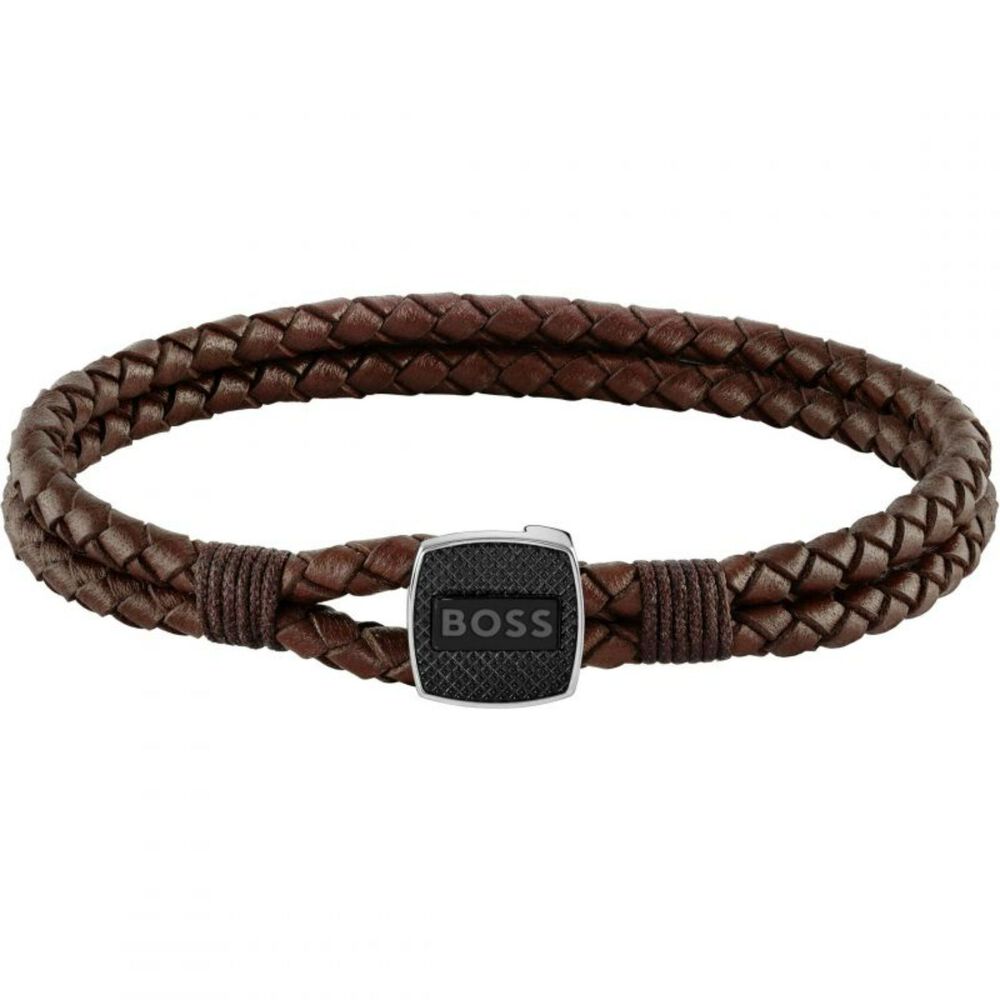 BOSS Double Rope Brown Leather Mens Bracelet