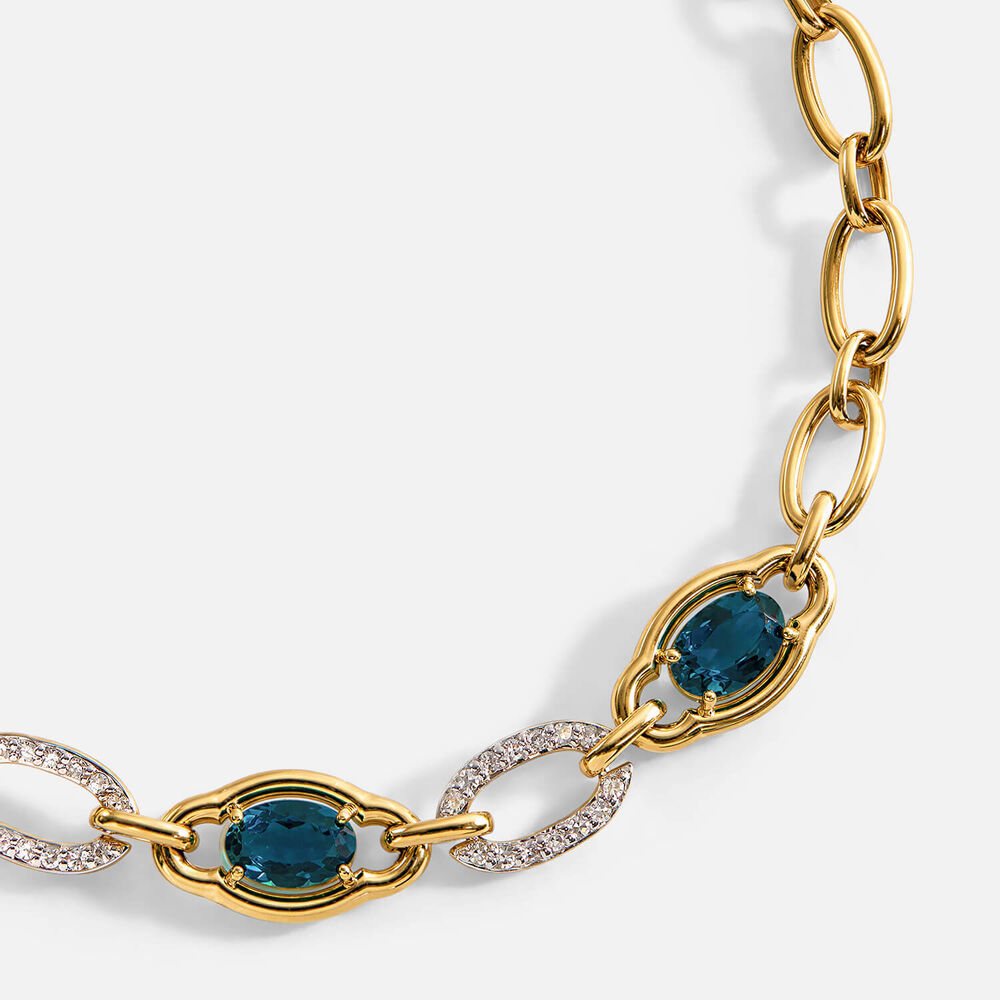 Sterling Silver Yellow Gold Plated Vermeil Oval Created Sapphire Lab Grown Diamond Set Link Bracelet