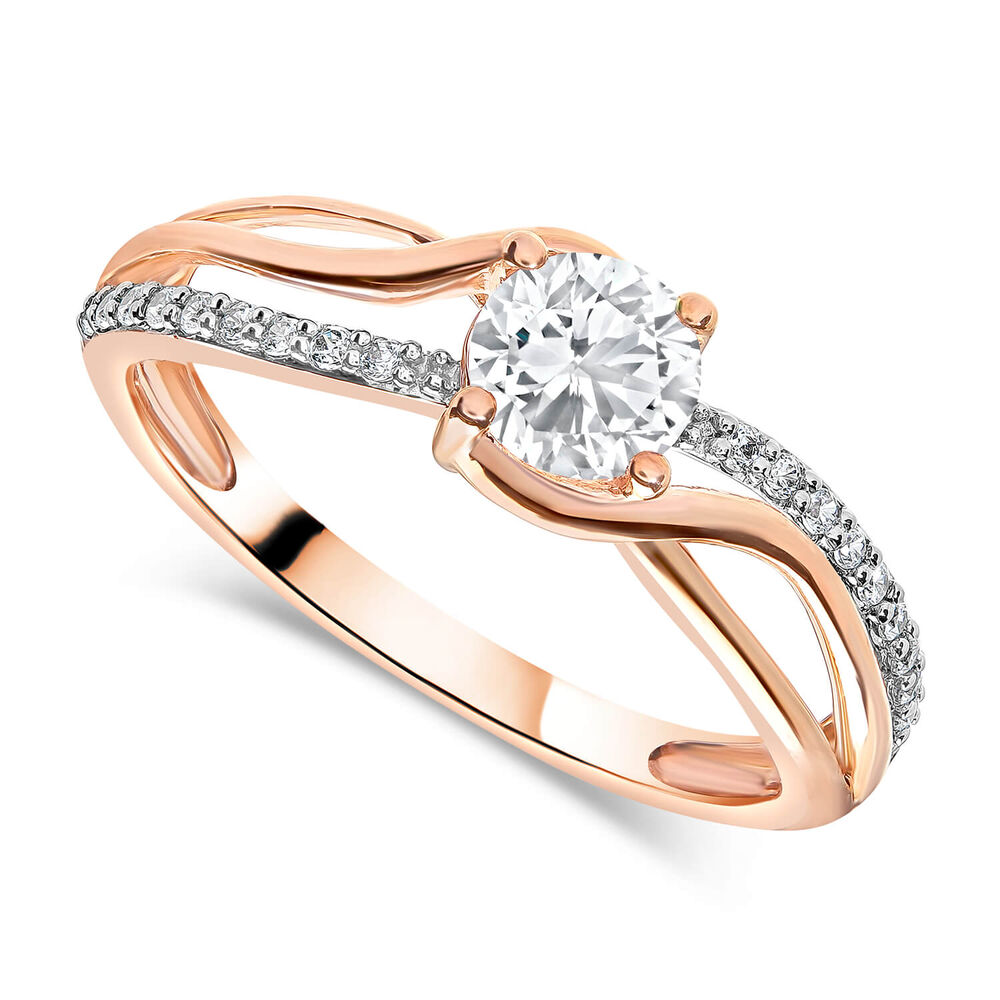 9ct Rose Gold Cubic Zirconia Solitaire Open X Over Shoulders Ring image number 0