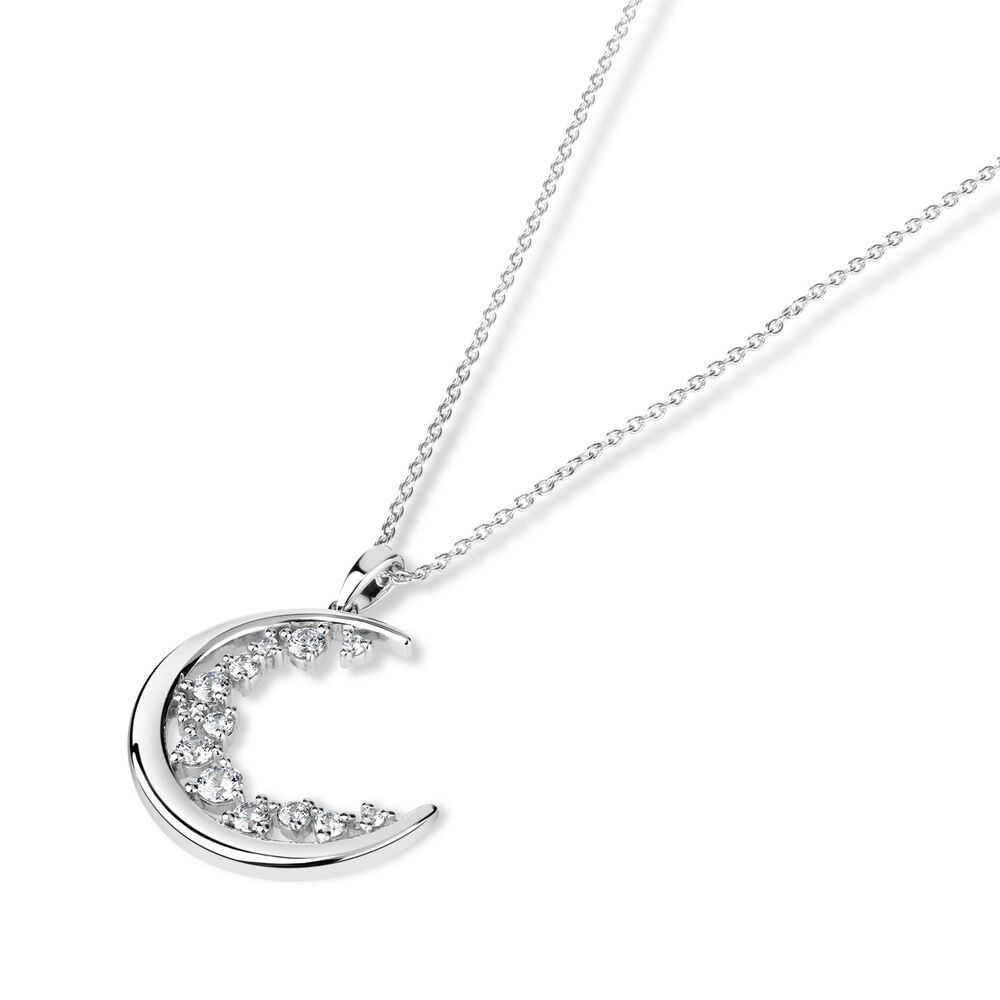 Sterling Silver Cubic Zirconia Half Moon Pendant (Chain Included) image number 1