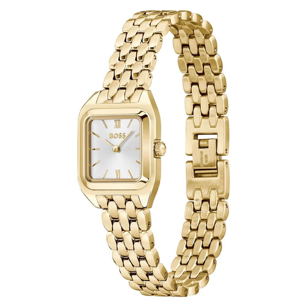 BOSS Mae Petite 22mm Square Silver Dial Gold Tone Steel Bracelet Watch image number 1