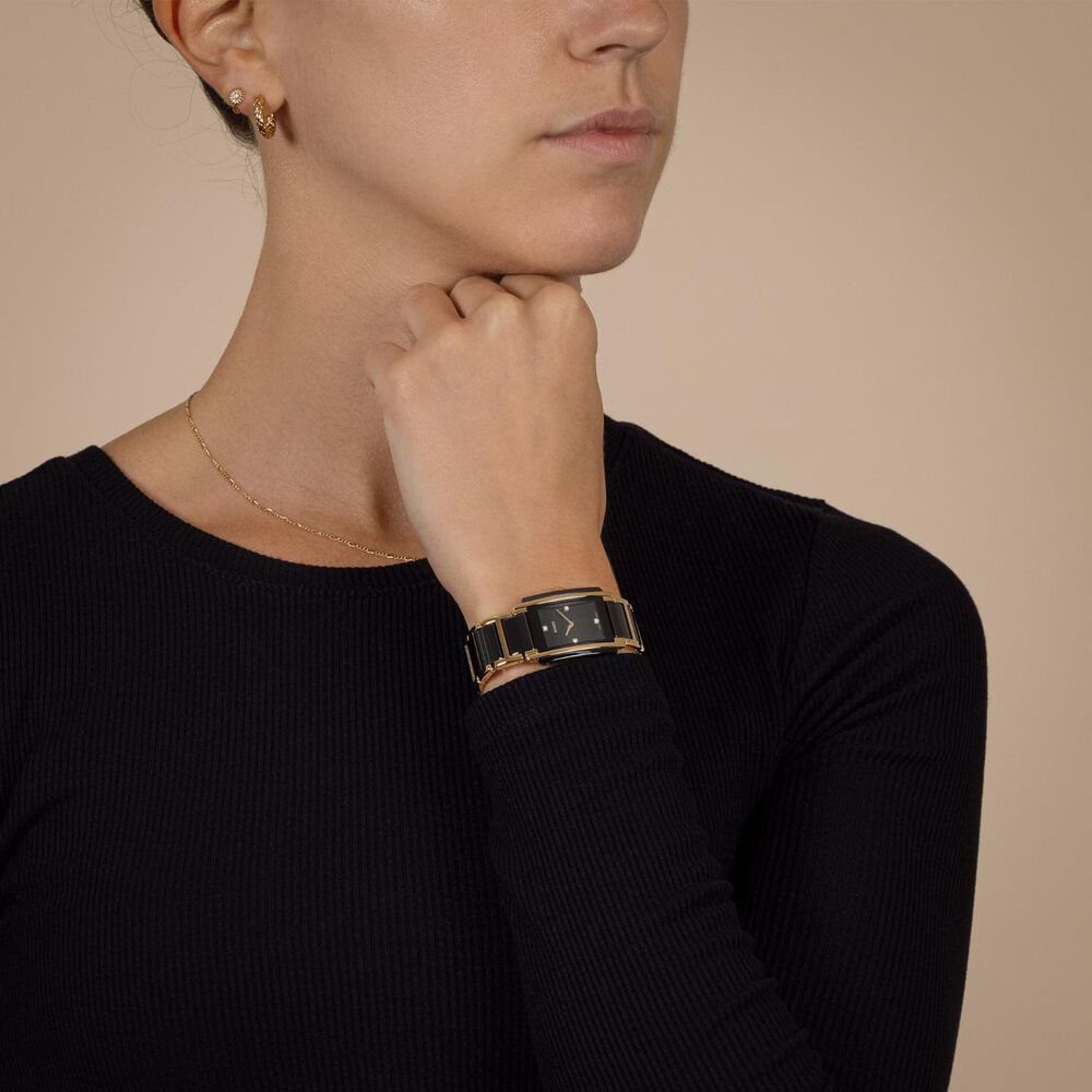 Rado Integral Rectangle Diamond Dot Black & Yellow Gold Bracelet Watch image number 1