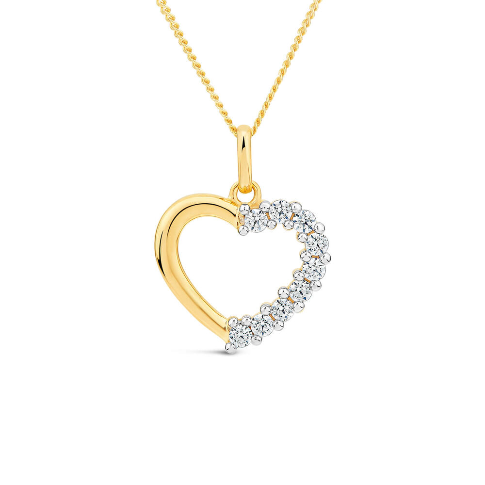 9ct Yellow Gold Side Claw Set Cubic Zirconia Open Heart Pendant