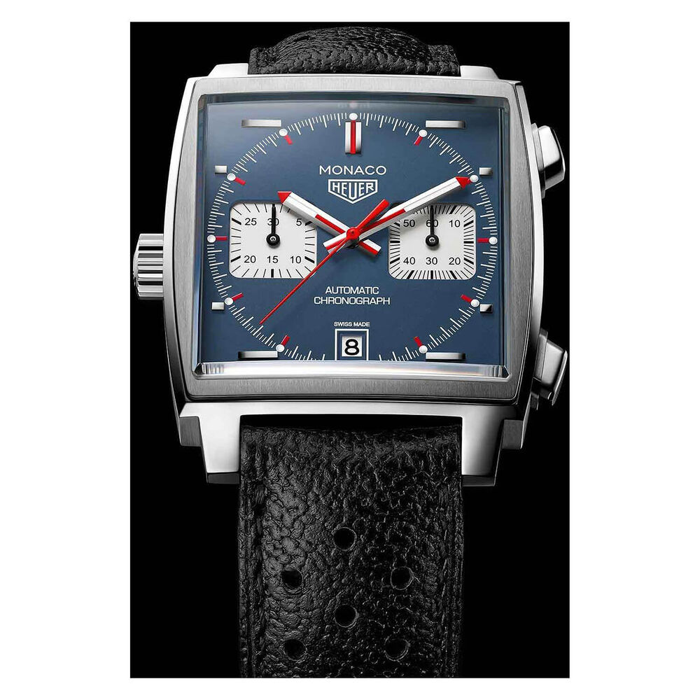 TAG Heuer Monaco Chronograph 39mm Blue Dial Black Leather Strap Watch image number 9