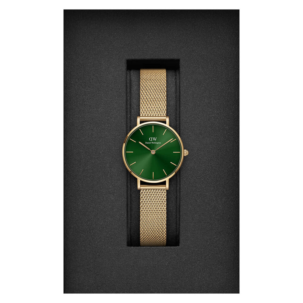 Daniel Wellington Petite Emerald 28MM Green Round Dial Yellow Gold PVD Case Mesh Bracelet Watch