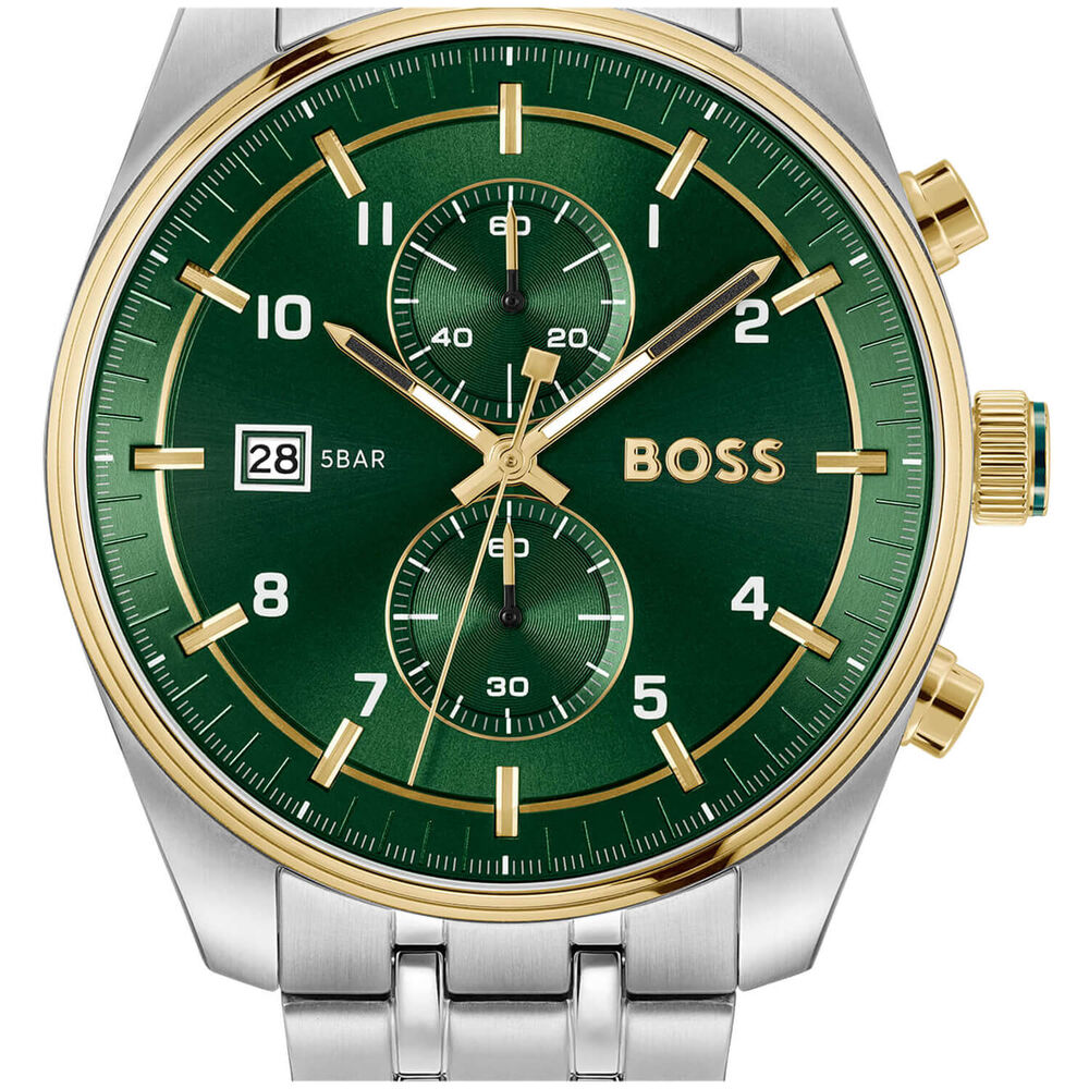 BOSS Skytraveller Chronograph 44mm Green Dial Gold Tone Bezel Steel Bracelet Watch image number 2