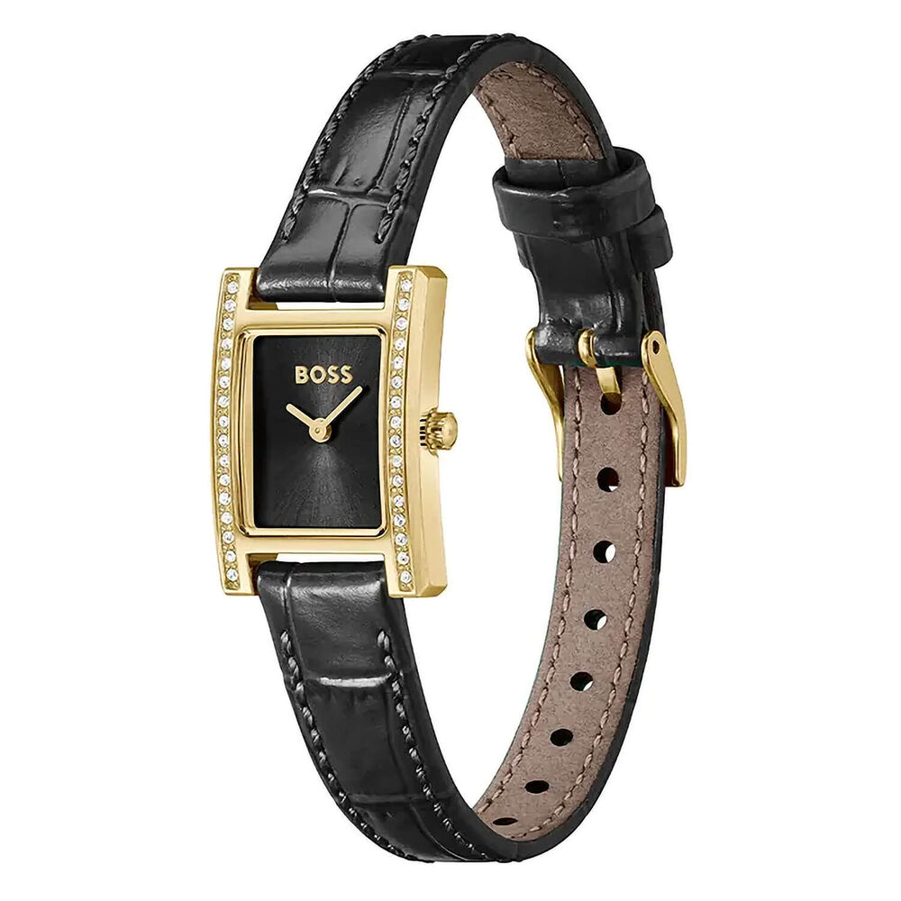 BOSS Lucy Precious 18mm Rectangular Black Dial Black Leather Strap Watch image number 1