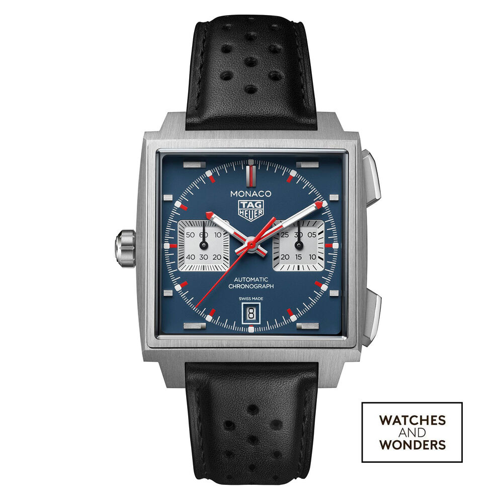 TAG Heuer Monaco Chronograph 39mm Blue Dial Black Leather Strap Watch
