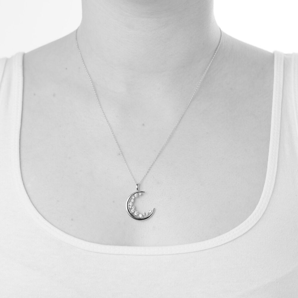 Sterling Silver Cubic Zirconia Half Moon Pendant (Chain Included) image number 2