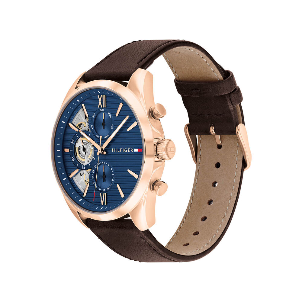 Tommy Hilfiger 43.5mm Blue Open Heart Dial Rose Gold Tone Steel Case Brown Leather Strap Watch image number 2