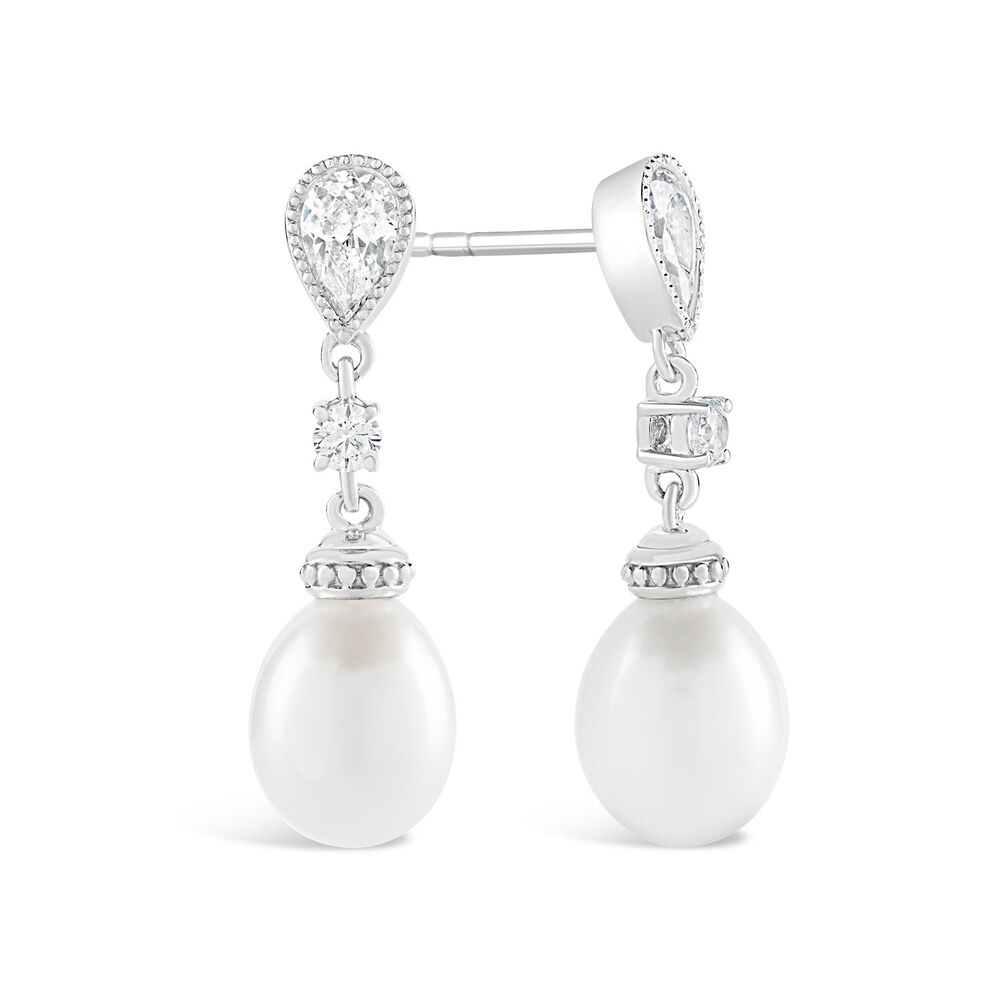 9ct White Gold Oval Freshwater Pearl and Cubic Zirconia Round and Pear Top Drop Earrings image number 1