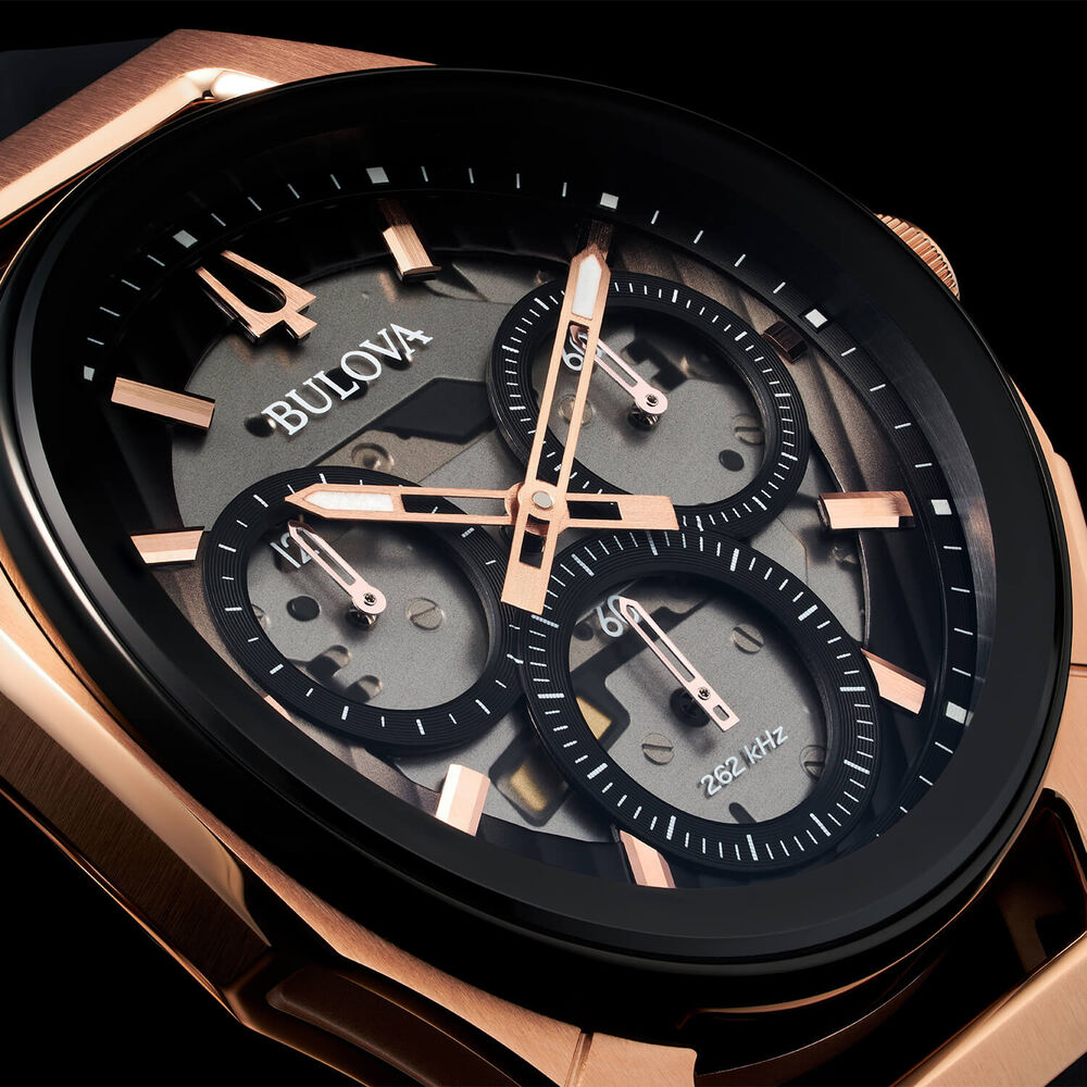 Bulova CURV 44mm Black Dial Rose Gold Tone Steel Case Rubber Strap Watch image number 6