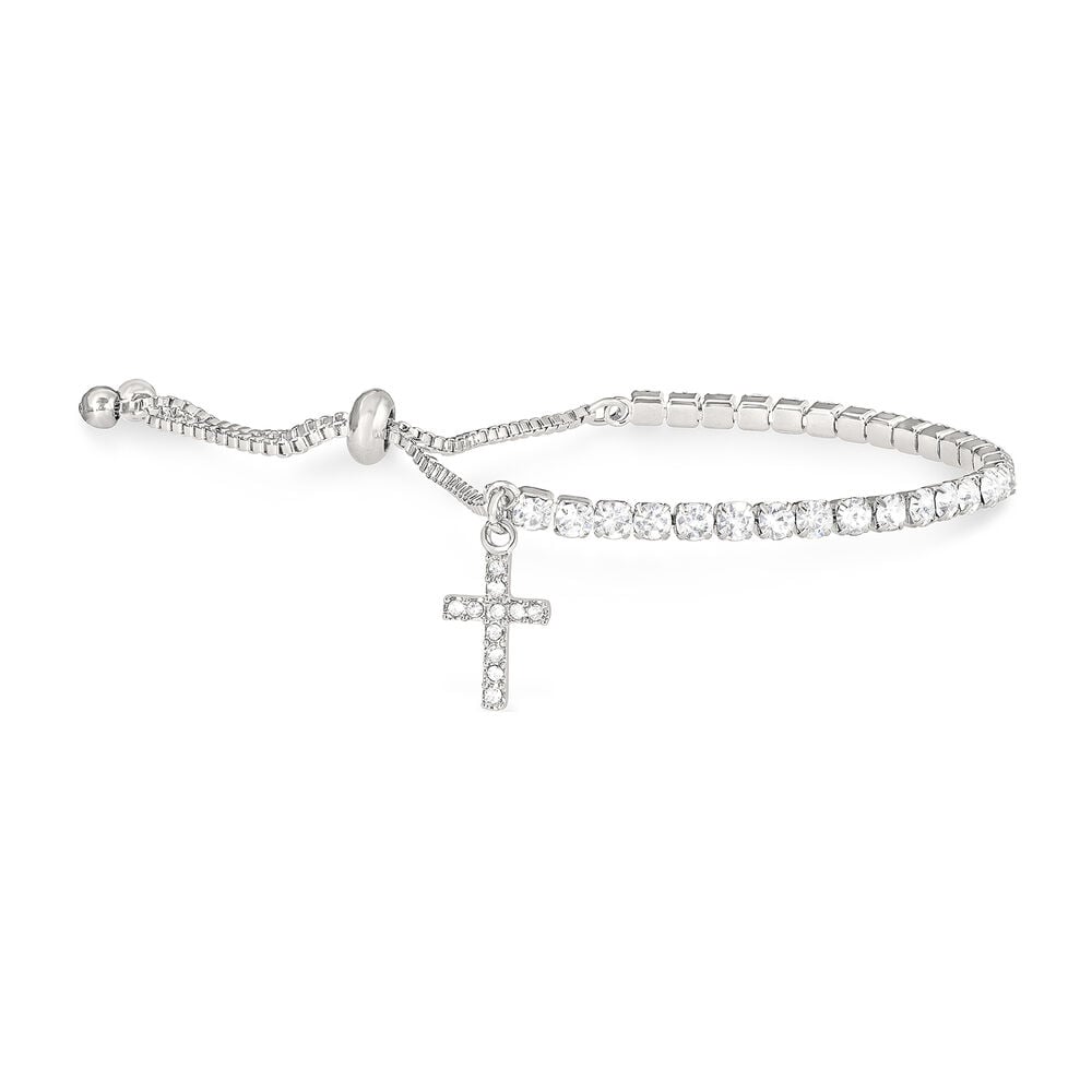 Silver-Plated Crystal-Set Slider Bracelet With Cross Charm image number 1