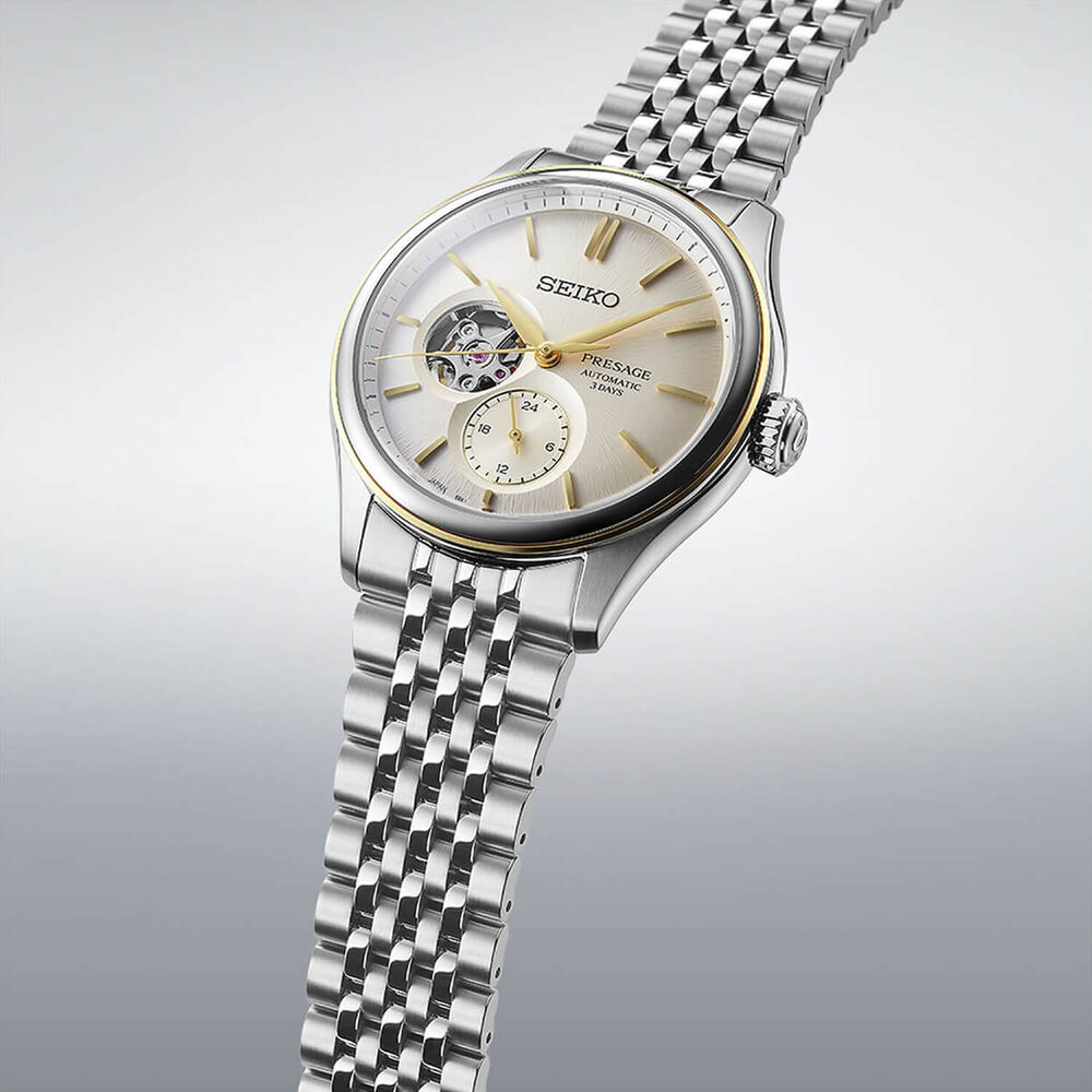 Seiko Presage Classic Series 40.2mm Open Heart Delicate Cream Silk Steel Bracelet Watch